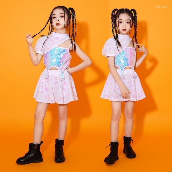 Abbigliamento da palcoscenico Abiti da spettacolo con paillettes per bambini Abbigliamento hip-hop per adolescenti Canotta corta Gonna mini per ragazze Cool Jazz Dance Costume Clothes 3 PCS