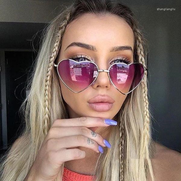 Óculos de sol senhoras em forma de coração metal feminino marca designer moda sem aro amor lentes óculos de sol oculos uv400