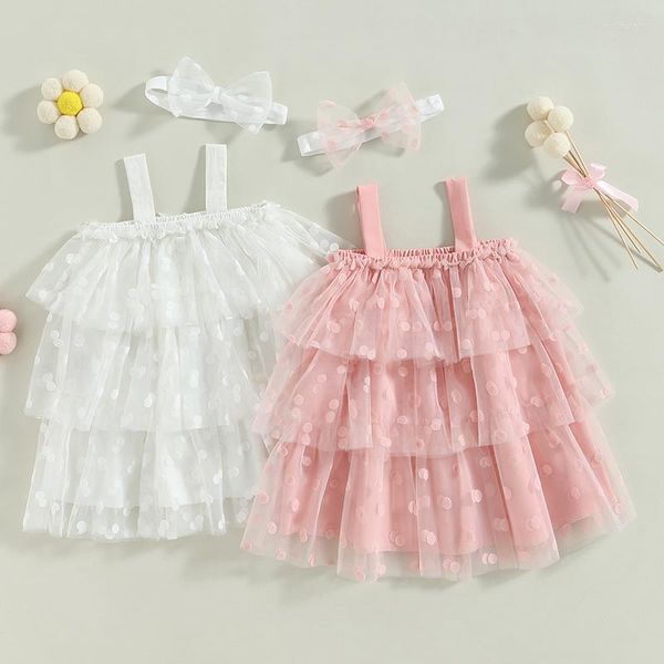 Mädchen Kleider Infant Baby Mädchen Sommer Bapteme Kleid Lovely Dot Sleeveless Sling mit Haarband Kids Layered Princess Mesh Cake