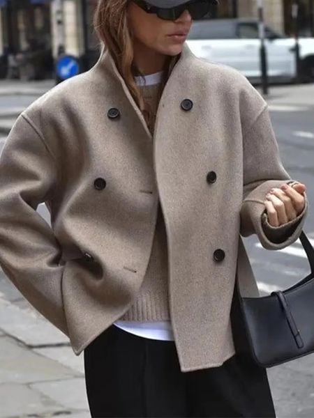 Giacche da donna TRAF Elegante grigio donna Giacca ampia invernale manica lunga doppio petto colletto alla coreana cappotto da scaldino top femminile Y2K 231123