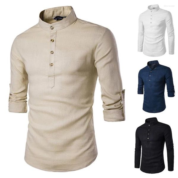 Camisas casuais masculinas 2023 outono estilo étnico mens algodão sólido e camisa de linho tradicional retro de mangas compridas colarinho solto