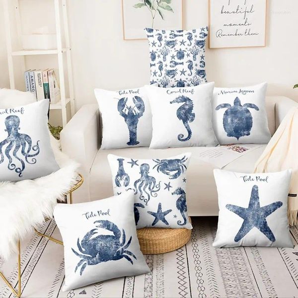 Подушка для украшения дома, синяя морская картина с изображением морской жизни, наволочка с принтом, декор для дивана, чехол Almofadas 45 45 см