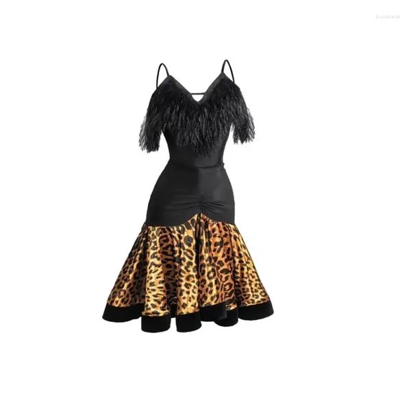 Abbigliamento da palco Costume da ballo latino sexy Body di piume Gonna leopardata Backless Rumba Tango Performance ChaCha Abbigliamento