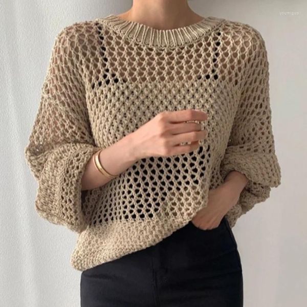 Kadın Sweaters Koreli Vintage O-Neck Boş Yay Gevşek Kafes Üstleri Y2K E-Girl Uzun Kollu Güneş Koruma Külotu