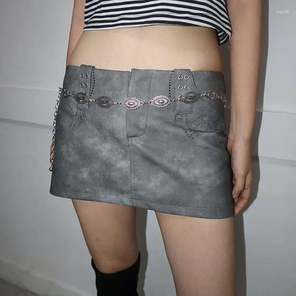 Röcke Weekeep Harajuku Grauer Lederrock 90er Jahre Vintage Strass Druck Sexy Punk Stil Super Short Mini Y2k Streetwear Damen