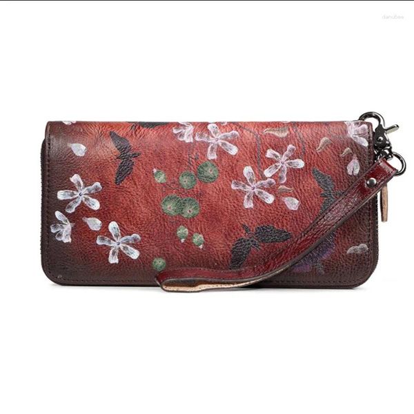 Carteiras femininas de couro genuíno, sacos de pulso longos com impressão floral, bolsa com zíper, clipes de dinheiro, bolsa de couro de vaca feminina