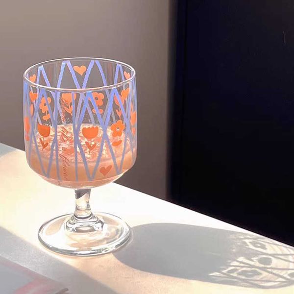 Copos de vinho 300 ml tulipa coreana margarida copo de suco impressão flor padrões cosmos copo de flor conjunto de beber presente copo de bebida fria j230425