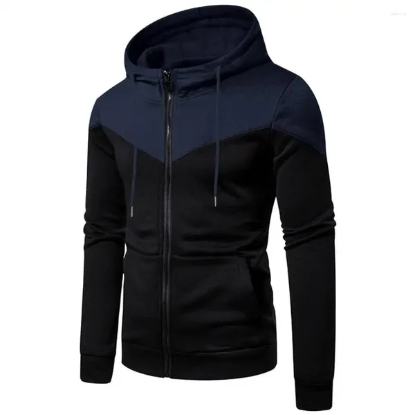 Hoodies masculinos homens moletom casaco contraste cor com capuz jaqueta de inverno com zíper carcela manga comprida bolsos elegantes