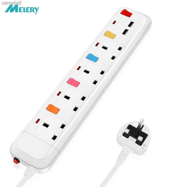 Plugue do cabo de alimentação Multi Power Strip Proteção contra surtos Adaptador de plugue elétrico do Reino Unido Cabo de extensão de 2 m 4 Gang / Way 2 USB montável comutado individualmente L231125