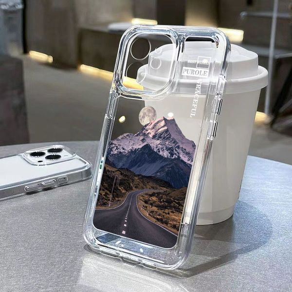 Custodia per telefono per Iphone 14 13 12 11 Pro Max Xr Xs 7 8 Pittura di paesaggio Highway Snow Mountain Clear Custodia morbida per cover posteriore anticaduta