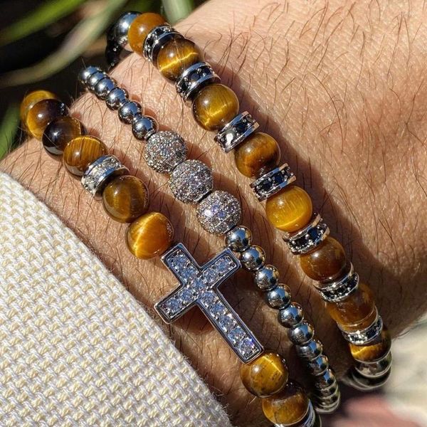 Strand Luxus CZ Pave Cross Charm Naturstein Tigerauge Perlen Makramee Freundschaft Einstellbares Armband Set Männer