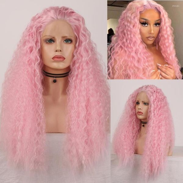 Sintetico riccio lungo rosa chiaro per donne in pizzo afro Fronta anteriore Wave Deep Heat Fibre Hair Cosplay