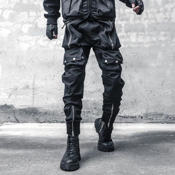 Fatos masculinos primavera escura baggy multi-bolso calças de carga tendência bonito techwear mulheres design zíper