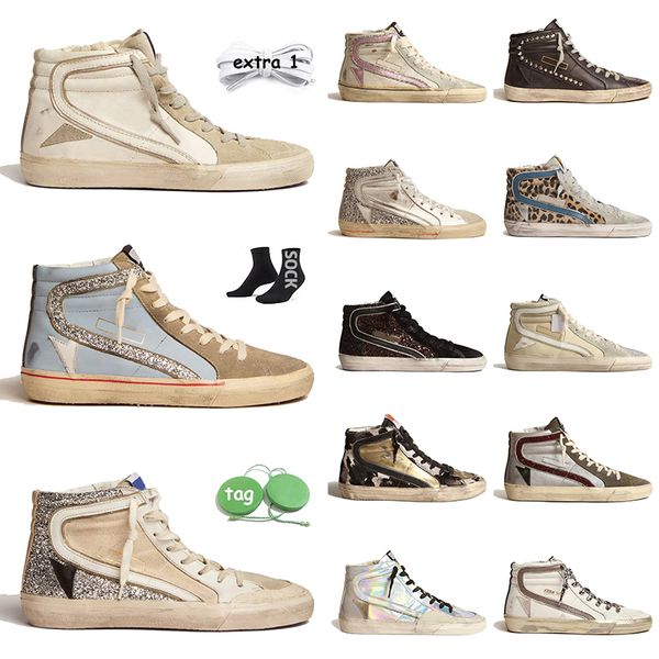 Chaussures décontractées Vintage Italie Marque Diapositives Goosess Nouvelles Chaussures Mid Slide Baskets Montantes Sortie Femmes Hommes Chaussures Designer Chaussure Mode Rose-Or Glitter Classique Léopard