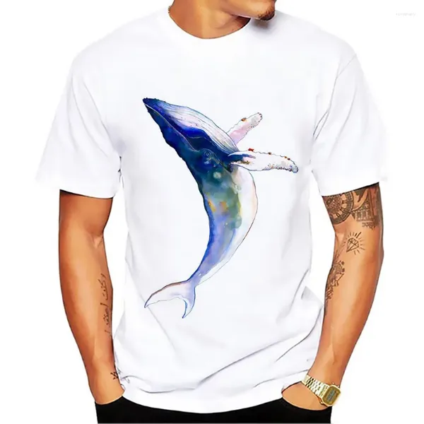 Herren T-Shirts Aquarell Blauwal T-Shirt Männer Sommer Weiß Kurzarm O-Ausschnitt Freizeithemd Kein Kleberdruck