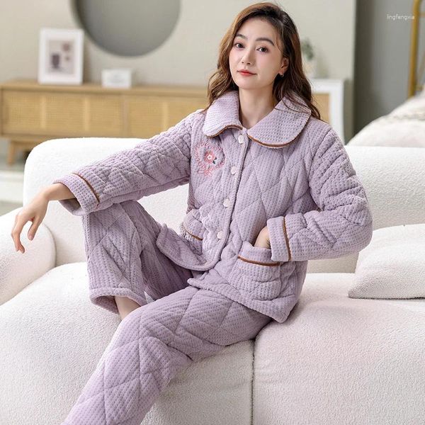 Mulheres sleepwear inverno grosso acolchoado mulheres carta pijamas conjuntos de sleep tops bottoms feminino flanela manter quente térmica casa roupas