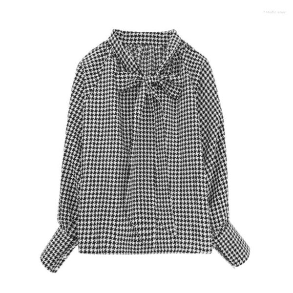 Camicette da donna Camicia a quadri con fiocco in nastro Camicetta da donna primavera 2023 a maniche lunghe con fiocco in pied de poule