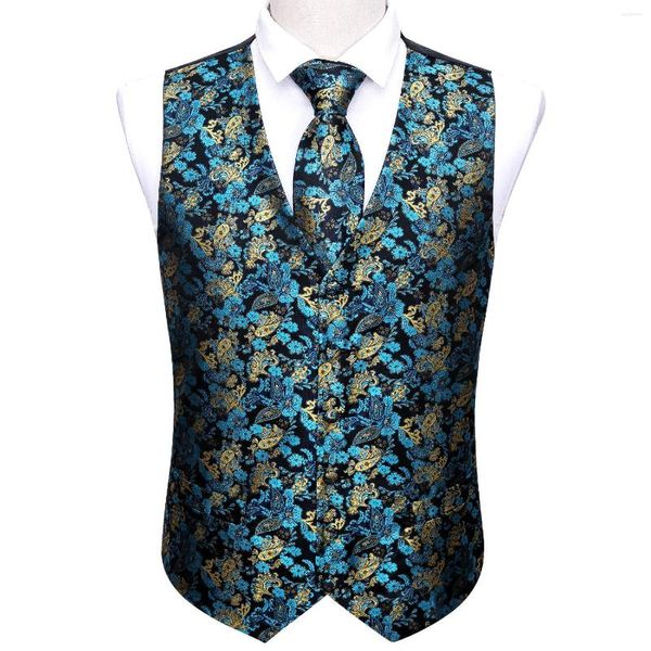 Coletes masculinos homens coletes colistores coletes coletes de seda azul para jacquard paisley tie hanky 4pc conjunto