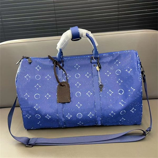 Borsone da viaggio per il fine settimana Borsa da viaggio da uomo di grande capacità Borsa da viaggio di design Borsa da viaggio di lusso in vera pelle Donna Sport Borsone con stampa blu 55 cm