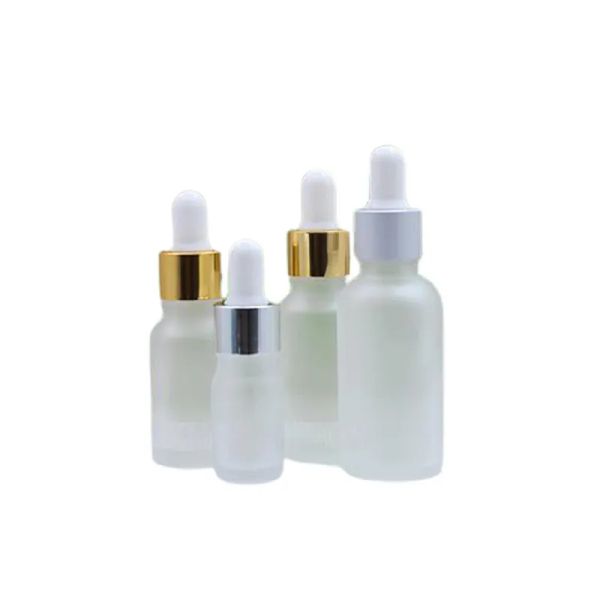 Frost Glass Dropper Bottle Silver Gold Lid White Rubber Top Empty Cosmetic Packaging Container Essential Oil Vials