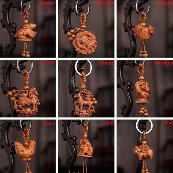 Keychains unissex 12 Keychain zodíaco Chavenizante de madeira Animal Tiger Sheep Monkey Snake Gift for Kids