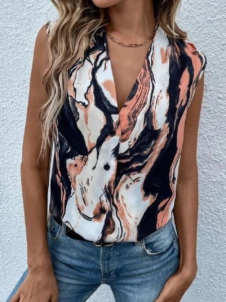 Kadın bluzları artı boyut 4xl şifon kadın gömlekleri ve v boyun vintage zarif en iyi yaz kolsuz baskı düğmesi blusa mujer moda 2023