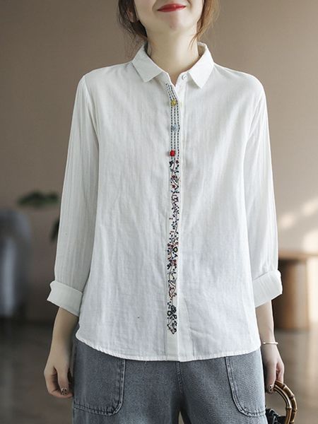 Camisas de blusas femininas johnature feminino vintage duplo algodão de fios brancos colarinho de turamente bordado solto 2023 mola de manga longa BL