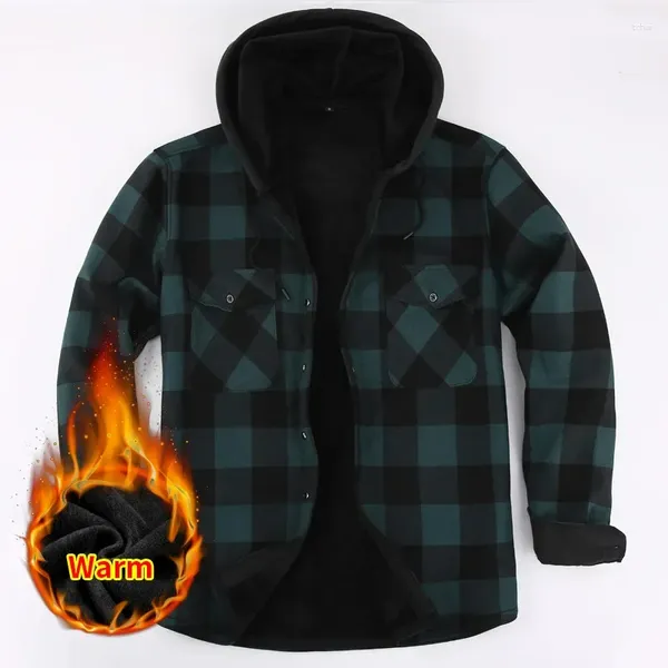 Camicie casual da uomo Uomo Verde Nero Con cappuccio Plaid Western Cowboy Camicia invernale Giacca 2023 Pile Lino Caldo a quadri Chemise maschile