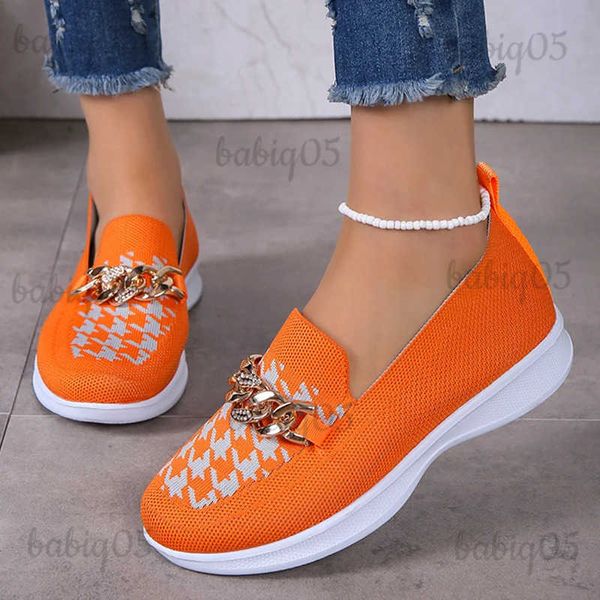 Vestido sapatos corrente decoração laranja mocassins sapatos femininos 2023 outono respirável malha casual sapatos planos mulher luz deslizamento-on tênis de caminhada t231125