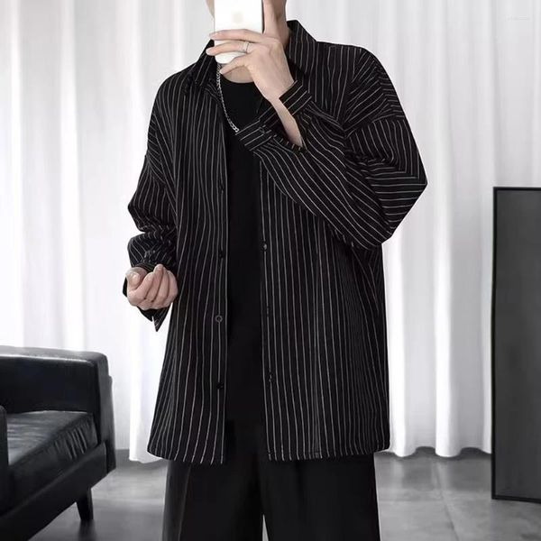 Camisas casuais masculinas moda lapela topos para homem botão para baixo manga longa padrões listrados m 4xl preto/branco primavera/outono