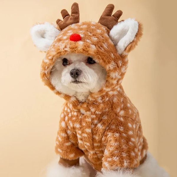 Cão vestuário animal de estimação cão natal pelúcia elk casaco gato inverno roupas macias com anel de reboque orelhas bonitos hoodies roupas de cachorro 231124