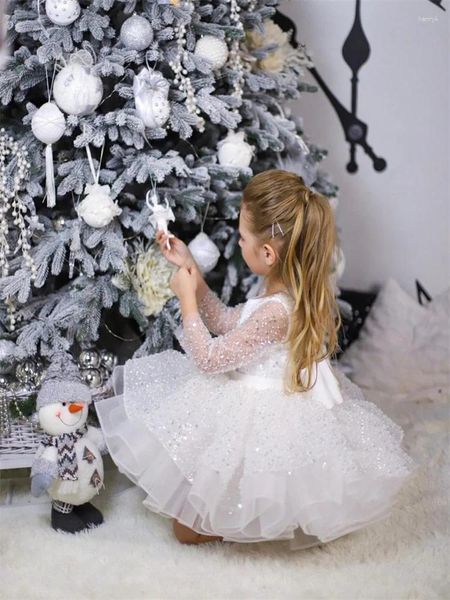 Vestidos de menina brilho tule fofo flor vestido para lantejoulas de casamento na altura do joelho com arco primeira festa de aniversário eucarística da criança