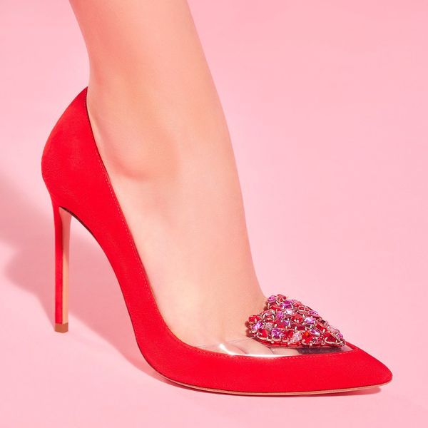 Sapatos de vestido vermelho Designer de cristal com botão de strass Slingback Sandália de salto agulha de couro de caxemira macia 10 cm salto alto sapato bico fino 35-42