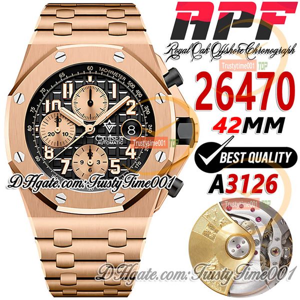 APF 42mm 26470 A3126 Cronógrafo Automático Relógio Masculino Rosa Ouro Cinza Texturizado Mostrador Numeral Marcadores RG Pulseira de Aço Inoxidável Super Edição trustytime001Relógios