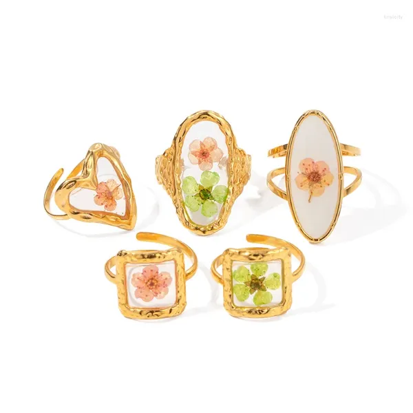 Eheringe ALLME Sweet Multiple Real Dye Flower Geometrischer Charme für Frauen 18 Karat Gold PVD-Beschichtung Edelstahl Verstellbarer Ring