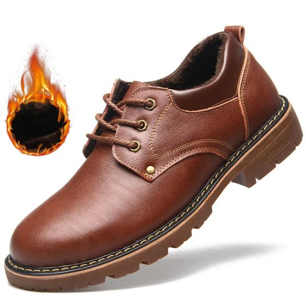 Sapatos de vestido de couro genuíno homens sapatos casuais inverno mais veludo homem calçado marrom botas masculinas para homens designer sapatos formais oxford 231124