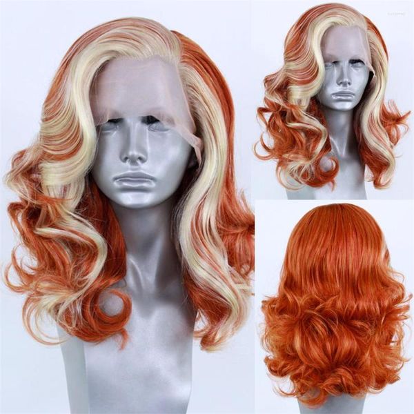 Orangefarbene Körperwelle, synthetische Spitzenfront mit blonden Strähnchen, schulterlanges Stirnhaar, halb von Hand gebunden
