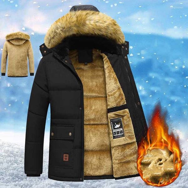 Herren Jacken 2023 Herren Winter Parka Fleece gefüttert dick warm mit Kapuze Pelzkragen Mantel Herren Plüsch Jacke Herbst Arbeit Outwearing Schwarz