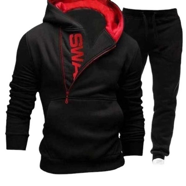 Hoodies Sweatshirts Yeni Erkekler Kapşonlu Eğik Fermuarı Baskı Külot İki Parçalı Kazak Pantolon Dış Seti {Kategori}