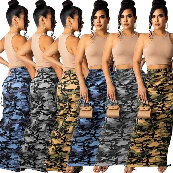 Vestidos de grife Roupas Femininas Moda Verão Camuflagem Estampa Saia Cintura Aperto Vestido Longo Ajustável em Ambos os Lados Saias Irregulares