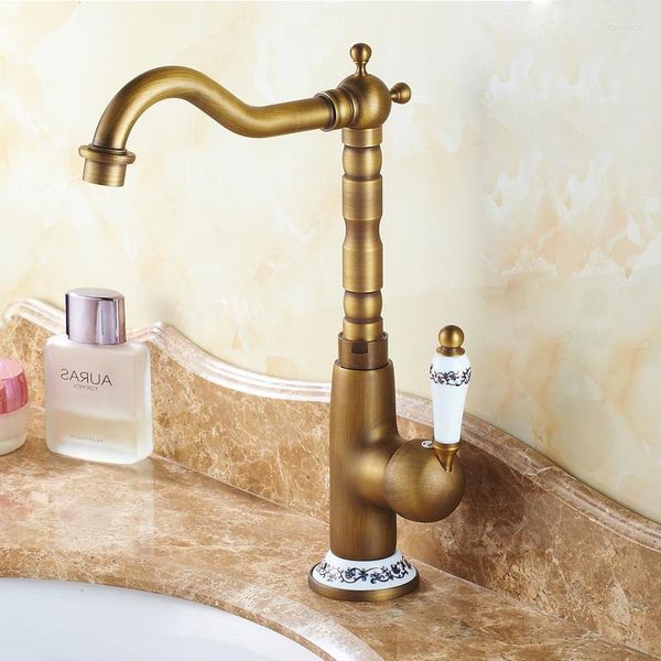 Rubinetti della cucina Rubinetto del bagno Finitura bronzo antico Motivo floreale in ceramica Lavello monocomando Rubinetti Anf509