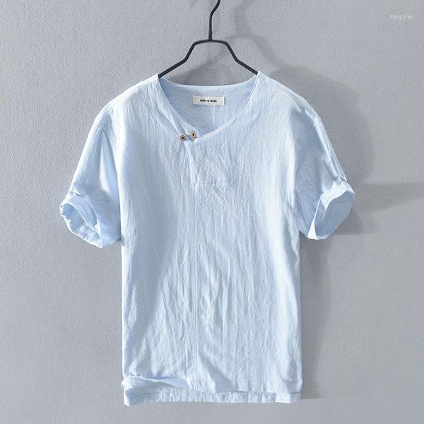 Erkekler Tişört Saldı Renkli Erkekler Pamuk Keten Kısa Kollu T-Shirt Üstleri Janpanese Styles Yaz Günlük Konfor Erkek İnce Kazak V-Neck