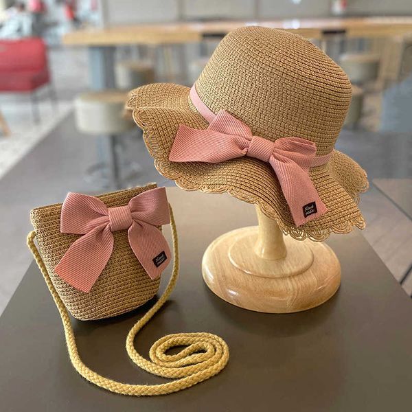 Berretti Estate Ragazze Cappelli da spiaggia Foglia di loto Tesa Simpatici occhi socchiusi Bowknot Protezione solare esterna Bambini Berretto di paglia Bambini P230424