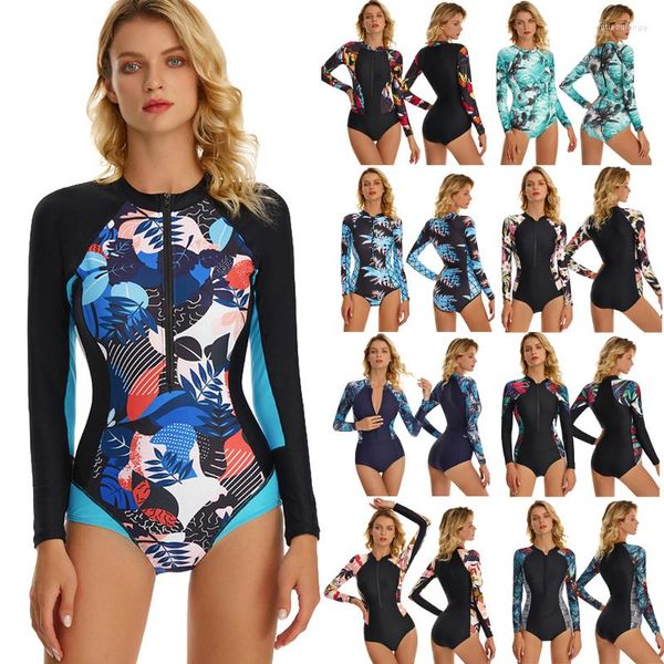 Costumi da bagno da donna Costumi da bagno monokini da donna Costumi da bagno interi a maniche lunghe Protezione dai raggi UV Rash Guard Zip frontale Costumi da bagno Body