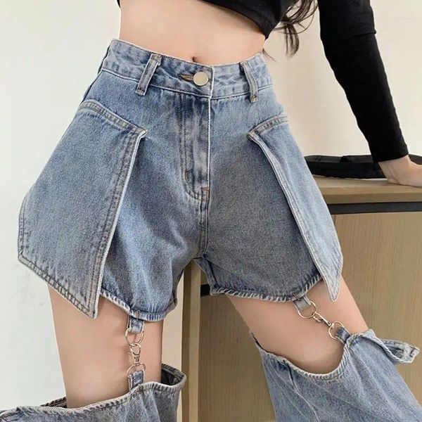 Jeans femininos verão pintainho frito ruas cintura alta roupa perna reta relaxado parece fino destacável shorts longos bungee ha hi