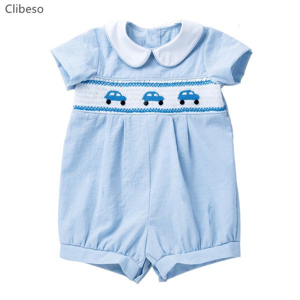 Rompers Smocked Blue Children Bordoused GonSuites Peter Pan Collar Boutique Boutique Baby Boy Roda Roupa 230425