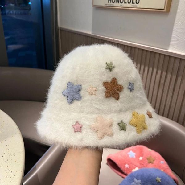 Berets Koreanische Mode Nette Sterne frauen Wolle Eimer Hut Echtpelz Winter Warme Fischer Hüte Für Mädchen Im Freien Panama Fedora