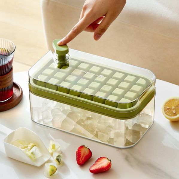 Ein-Knopf-Druck Typ Eisform Box Kunststoff Eiswürfelbereiter Eiswürfelform mit Aufbewahrungsbox mit Deckelstange Küchenzubehör
