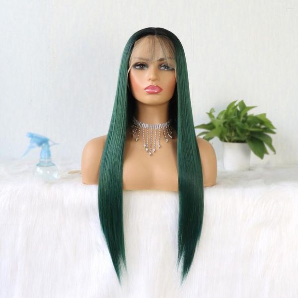 Synthetische Spitzenfront in grüner Farbe für Modefrauen, hitzebeständiges langes glattes Haar, 24 Zoll