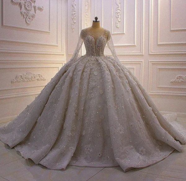 2024 squisito abito da ballo floreale abito da sposa con maniche lunghe applicazioni di perline di lusso bottone posteriore Dubai abiti da sposa abiti Mariage Vestido De Noiva